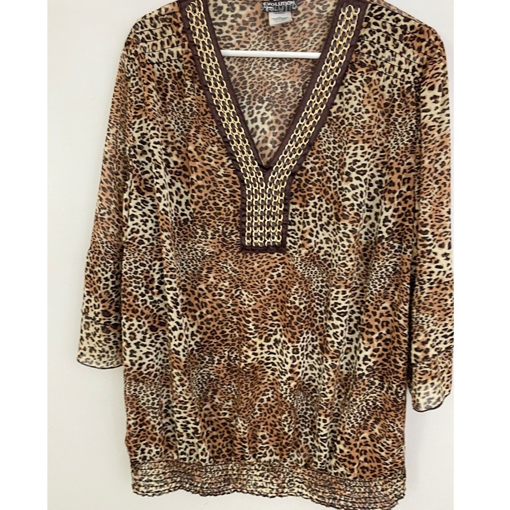 Evolution Blouse Women 2X Brown Leopard Print Chain Neck Smocked Hem Bell Sleeve